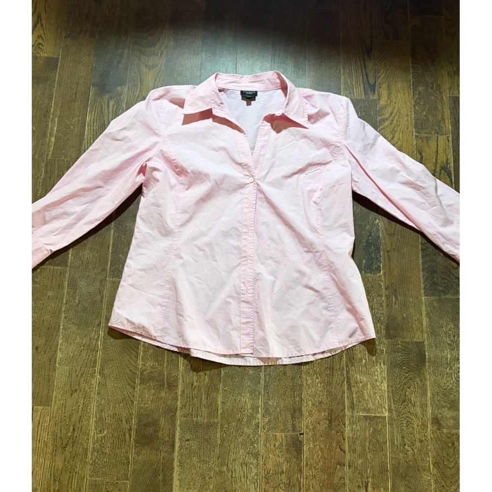 TALBOTS STRETCH LGT PINK LADIES BUTTON UP COLLAR LONG SLV BLOUSE Sz 14